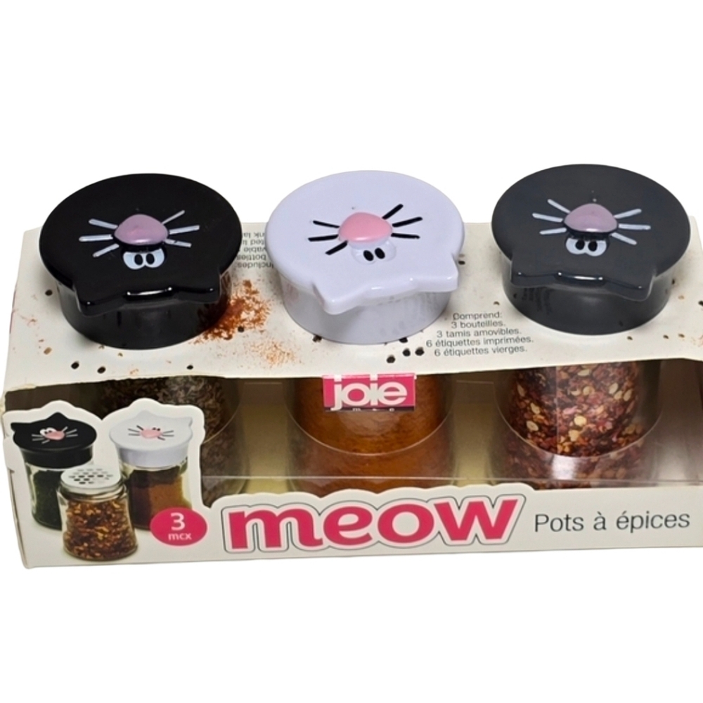 Joie Meow Cat Spice Jar Set 3pc Black White Gray Kitchen Storage NWT - Picture 2 of 2
